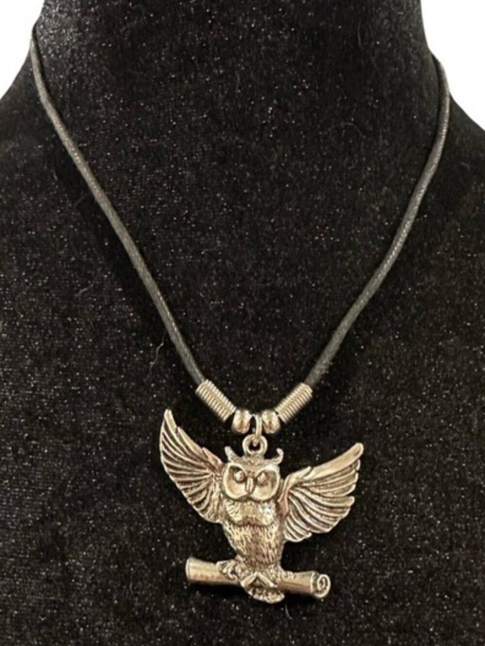 Owl Pendant Necklace Silver Tone Black 24 Inch Length